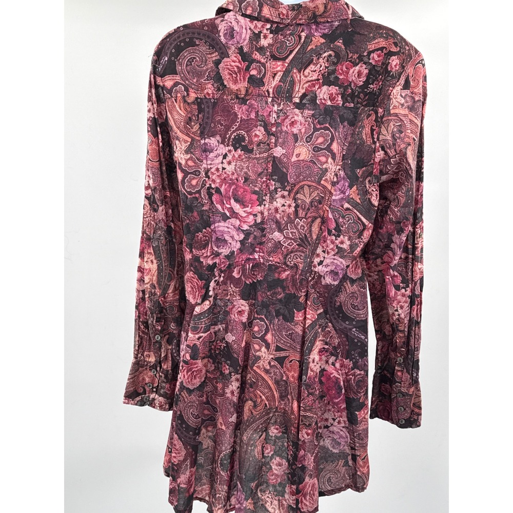 Cino Womens Medium Pink Purple Paisley Floral Crinkle Button Down Tunic Blouse - Picture 5 of 11